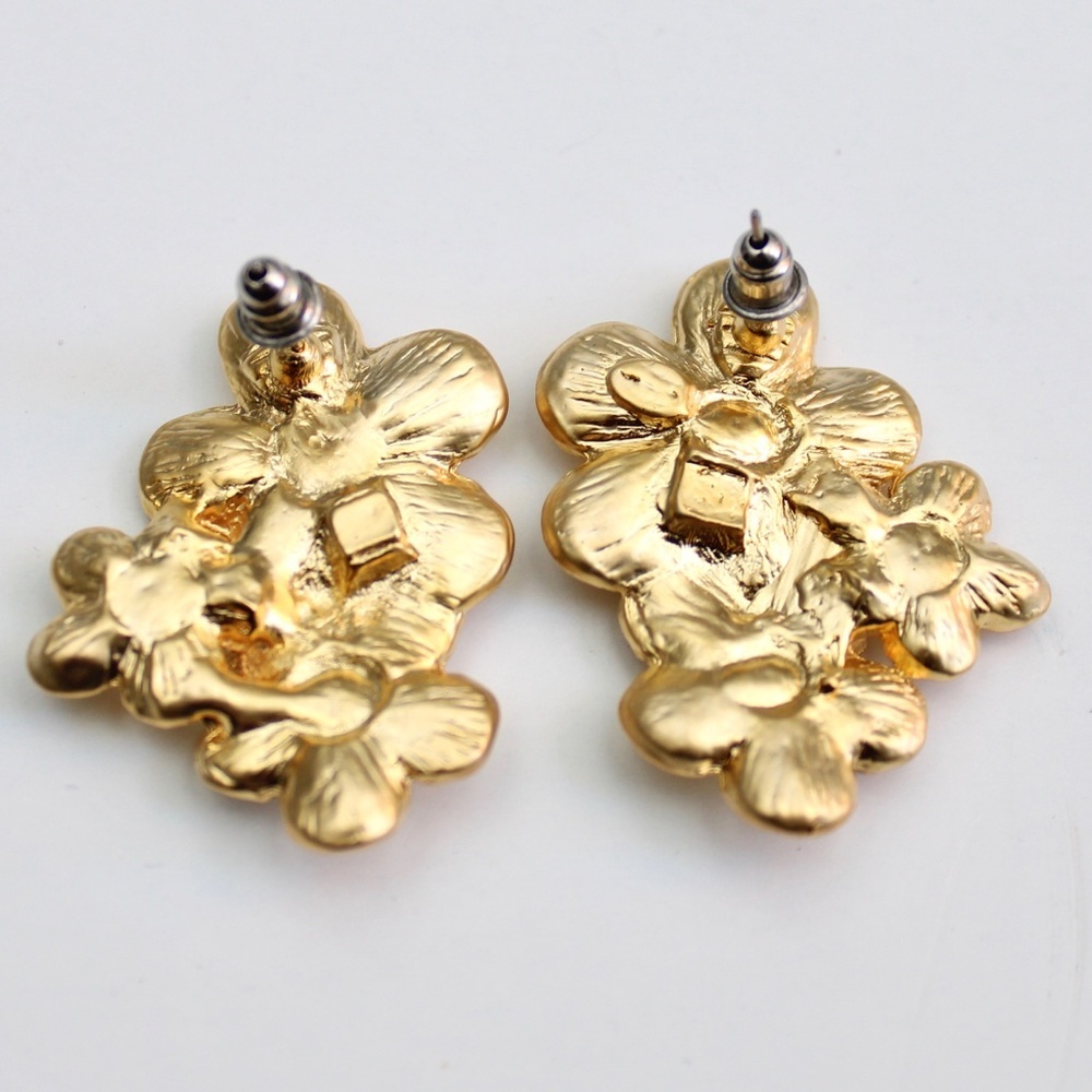 Vintage Gold Tone Floral Cascading Drop Multi-Stone Pierced Earrings NWT - Picture 2 of 3